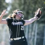 Lake Stevens’ Mara Sivley tries to snag a liner hit toward her during the game against Glacier Peak on Tuesday, April 25, 2023 in Lake Stevens, Washington. (Olivia Vanni / The Herald)