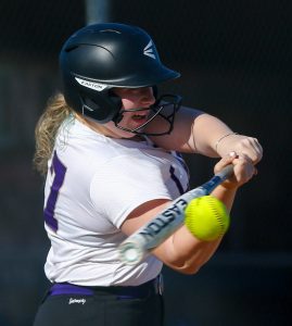 Lake Stevens’ Emerson Cummins takes a swing at a pitch against Glacier Peak on Tuesday, April 23, 2024, at Glacier Peak High School in Snohomish, Washington. (Ryan Berry / The Herald)
