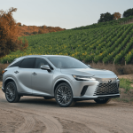 Stylish RX 350h poses in an orchard. Photo provided by Lexus Newsroom.