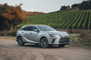 Stylish RX 350h poses in an orchard. Photo provided by Lexus Newsroom.