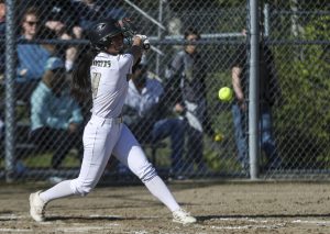 Marysville Getchell’s Lilyana Balgos (4) swings during a softball game between Meadowdale and Marysville Getchell on Wednesday, May 1, 2024 in Marysville, Washington. (Annie Barker / The Herald)