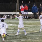 Glacier Peak’s Federico Zamolo puts his arms up in celebration after scoring from near the 50 yard line during the game against Snohomish on Wednesday, March 12, 2025 in Snohomish, Washington. (Olivia Vanni / The Herald)