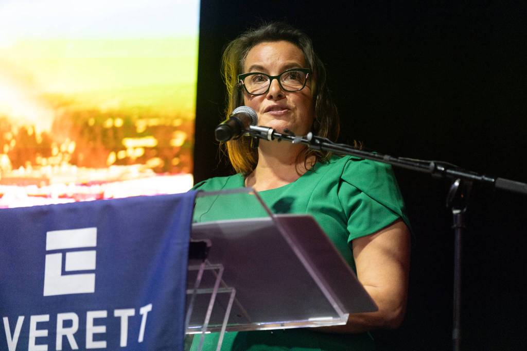 Everett mayor Cassie Franklin delivers her State of the City address on Friday, March 28 in Everett, Washington. (Will Geschke / The Herald)