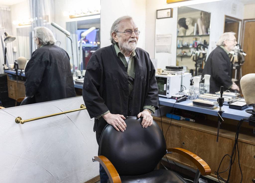 Don Sharrett inside his shop, AHC Salon, in Everett. (Olivia Vanni / The Herald)