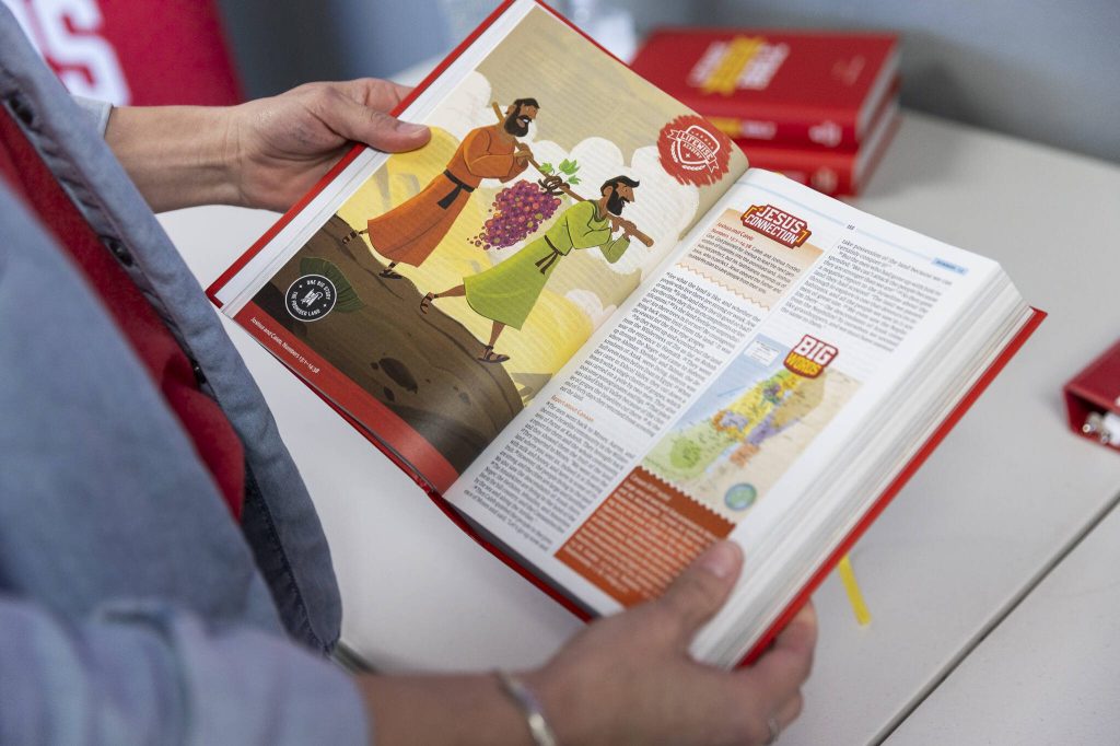 One of the illustrated pages of the LifeWise Bible used for class on Monday, April 14, 2025 in Everett, Washington. (Olivia Vanni / The Herald)