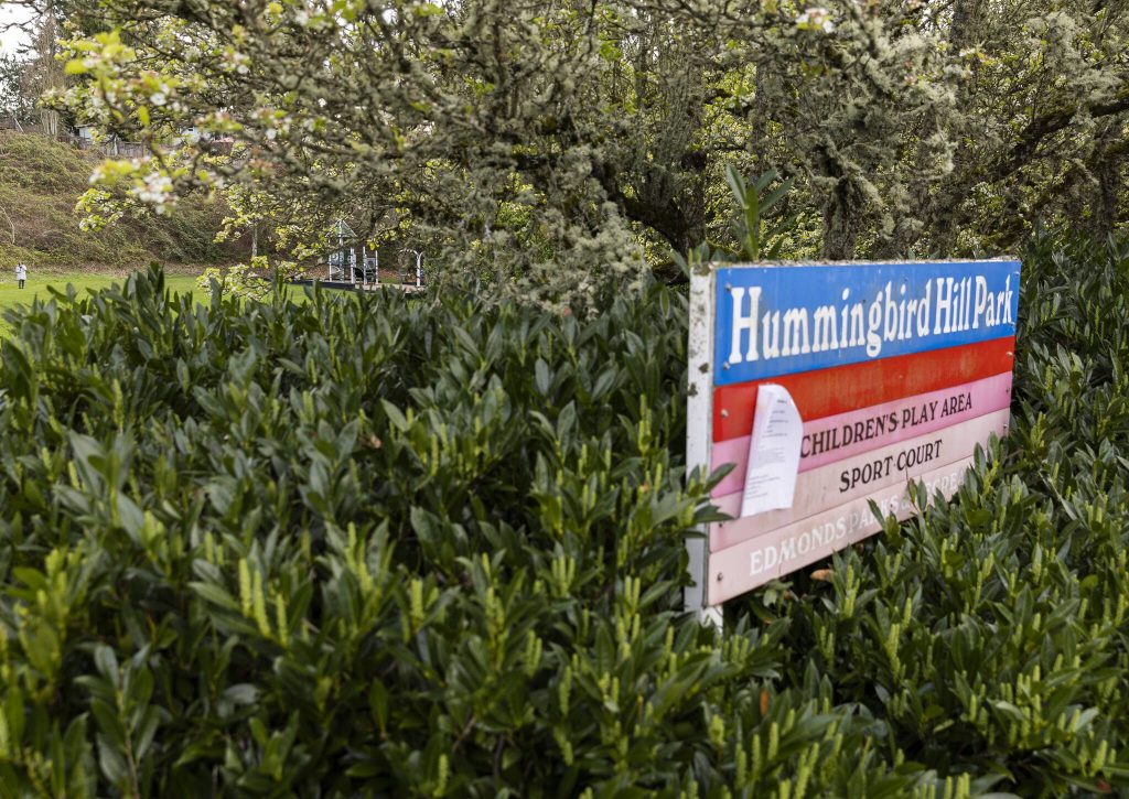 A sign at Hummingbird Hill Park on Monday, March 31, 2025, in Edmonds, Washington. (Olivia Vanni / The Herald)