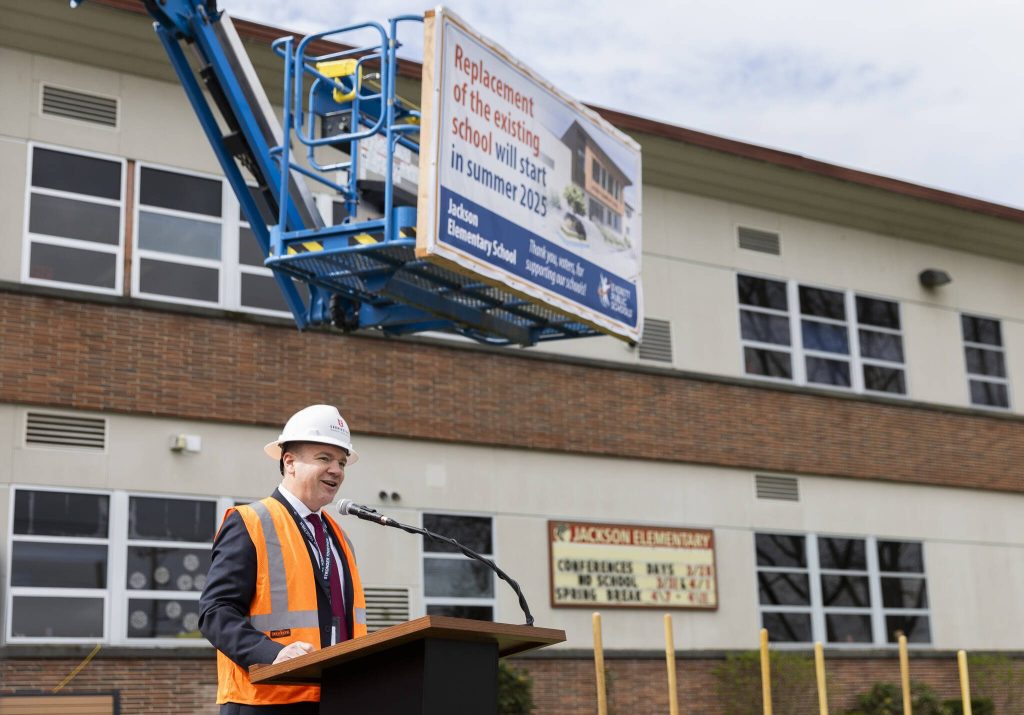 Jackson Elementary School Principal Darren Larama speaks at the groundbreaking on Tuesday, April 1, 2025 in Everett, Washington. (Olivia Vanni / The Herald)