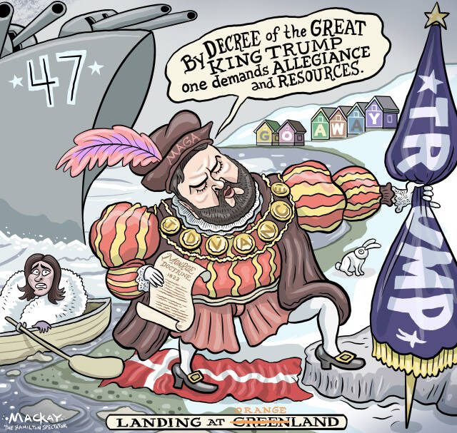 Editorial Cartoon by Graeme MacKay, The Hamilton Spectator – Saturday March 29, 2025

The U.S.'s interest in annexing Greenland under Trump's leadership reflects a resurgence of expansionist ambitions, risking diplomatic isolation and eroding trust among allies.

Arctic Ambitions: A New Era of American Expansionism

In an era where the world's geopolitical landscape is ever-evolving, the spectre of American expansionism has reemerged in a form reminiscent of a bygone age. The recent developments surrounding the U.S. interest in Greenland, fuelled by President Donald Trump's ambitions, have brought to light a narrative that harks back to the days of imperialism and territorial conquest.

The notion of annexing Greenland, a self-governing territory of Denmark, seems almost anachronistic in today's global order. Yet, it is a reality unfolding before our eyes, driven by strategic interests in the Arctic's abundant resources and its pivotal location. This new chapter of American expansionism challenges not only international norms but also the trust and alliances that the United States has cultivated over decades.

News: JD Vance, his wife to tour U.S. military base in Greenland after diplomatic spat over uninvited visit   https://www.theglobeandmail.com/world/article-jd-vance-his-wife-to-tour-us-military-base-in-greenland-after/

The diplomatic debacle surrounding Vice President J.D. Vance and Second Lady Usha Vance's visit to Greenland highlights the broader implications of this expansionist agenda. The strong local opposition, reflected in protests and refusals to engage with the U.S. delegation, underscores the importance of respecting sovereignty and the voices of local populations. The trip, initially intended as a cultural and diplomatic engagement, was reduced to a brief visit to a military base, symbolizing the isolation and unwelcomeness of American overtures.

The strategic interests in Greenland—its oil, gas, and mineral wealth—make it a coveted prize f