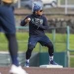 AquaSoxs Michael Arroyo makes a throw from second base during practice at Funko Field on Tuesday, April 1, 2025 in Everett, Washington. (Olivia Vanni / The Herald)