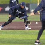 AquaSoxs Milkar Perez fields a ball during practice at Funko Field on Tuesday, April 1, 2025 in Everett, Washington. (Olivia Vanni / The Herald)