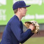 AquaSoxs Tyler Cleveland pitches during practice at Funko Field on Tuesday, April 1, 2025 in Everett, Washington. (Olivia Vanni / The Herald)