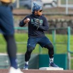 AquaSox’s Michael Arroyo makes a throw from second base during practice at Funko Field on Tuesday, April 1, 2025 in Everett, Washington. (Olivia Vanni / The Herald)
