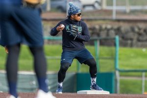 AquaSox’s Michael Arroyo makes a throw from second base during practice at Funko Field on Tuesday, April 1, 2025 in Everett, Washington. (Olivia Vanni / The Herald)