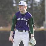 Edmonds-Woodways Isak Haverlock yells after striking out a Jackson batter during the game on Wednesday, April 2, 2025 in Edmonds, Washington. (Olivia Vanni / The Herald)