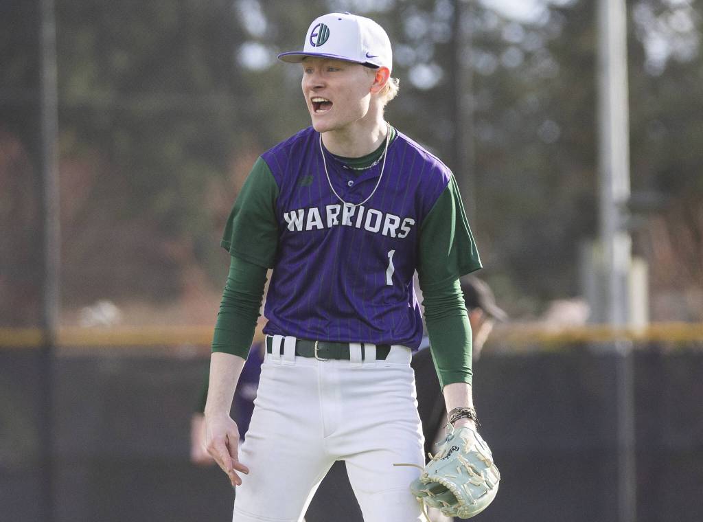 Edmonds-Woodways Isak Haverlock yells after striking out a Jackson batter during the game on Wednesday, April 2, 2025 in Edmonds, Washington. (Olivia Vanni / The Herald)
