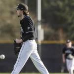 Jacksons Drew Pepin yells after striking out the final batter to end the game against Edmonds-Woodway on Wednesday, April 2, 2025 in Edmonds, Washington. (Olivia Vanni / The Herald)