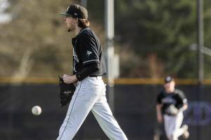 Jackson’s Drew Pepin yells after striking out the final batter to end the game against Edmonds-Woodway on Wednesday, April 2, 2025 in Edmonds, Washington. (Olivia Vanni / The Herald)