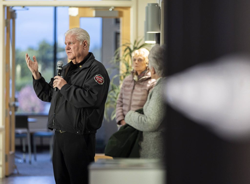 South County Fire Chief Bob Eastman answers question about RFA annexation during a roundtable event at the Edmonds Waterfront Center on Monday, April 7, 2025 in Edmonds, Washington.