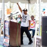 Myke Singleton, a 66-year-old Army veteran, speaks to a large crowd during the Hands Off! rally on Saturday, April 5, 2025, in Everett, Washington. (Aaron Kennedy / The Herald)