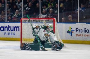 Everett Silvertips goalie Raiden LeGall secures the puck during Everett's 1-0 double overtime win against the Seattle Thunderbirds in Game 6 of the WHL Playoffs First Round at accesso ShoWare Center in Kent, Washington on April 7, 2025. LeGall made 57 saves to shut out the Thunderbirds and help Everett advance to the second round with a 4-2 series win. (Photo Courtesy: Dexter Guiang / Come as You Are Hockey)