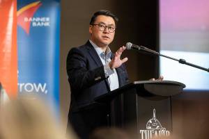 Washington State Department of Commerce Director Joe Nguyễn speaks during the Economic Alliance Snohomish County’s Annual Meeting and Awards events on Tuesday, April 22, 2025 in Tulalip, Washington. (Olivia Vanni / The Herald)