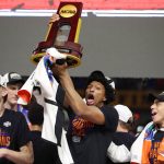 Florida players celebrate after winning the NCAA Basketball National Championship Game of Florida vs. Houston at the Alamodome in San Antonio on Monday, April 7, 2025. Florida won the game 65-63. (Stephen M. Dowell / Orlando Sentinel / Tribune News Services)
