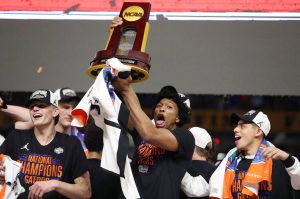 Florida players celebrate after winning the NCAA Basketball National Championship Game of Florida vs. Houston at the Alamodome in San Antonio on Monday, April 7, 2025. Florida won the game 65-63. (Stephen M. Dowell / Orlando Sentinel / Tribune News Services)