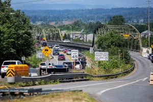 Traffic moves north and south along the southbound side of the Highway 529 after the northbound lanes were closed due to a tunnel on Tuesday, July 2, 2024 in Everett, Washington. (Olivia Vanni / The Herald)