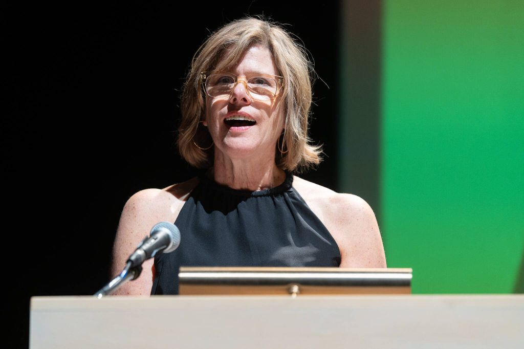 Brenda Stonecipher speaks during The Wendt Mayors Arts Awardson Thursday, April 10 in Everett, Washington. (Will Geschke / The Herald)