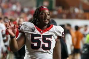 Georgia offensive lineman Jared Wilson (55) celebrates after their 30-15 win against Texas at Darrel K Royal Texas Memorial Stadium, Saturday, October 19, 2024, in Austin, Tx. (Jason Getz / AJC / Tribune News Services)