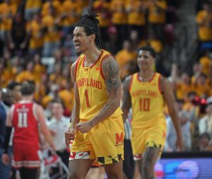 Maryland’s Rodney Rice, center, reacts after hitting a three against Wisconsin in the second half. Maryland defeated Wisconsin 76-68 in a men’s basketball game at Xfinity Center. (Kenneth K. Lam / Tribune News Services)