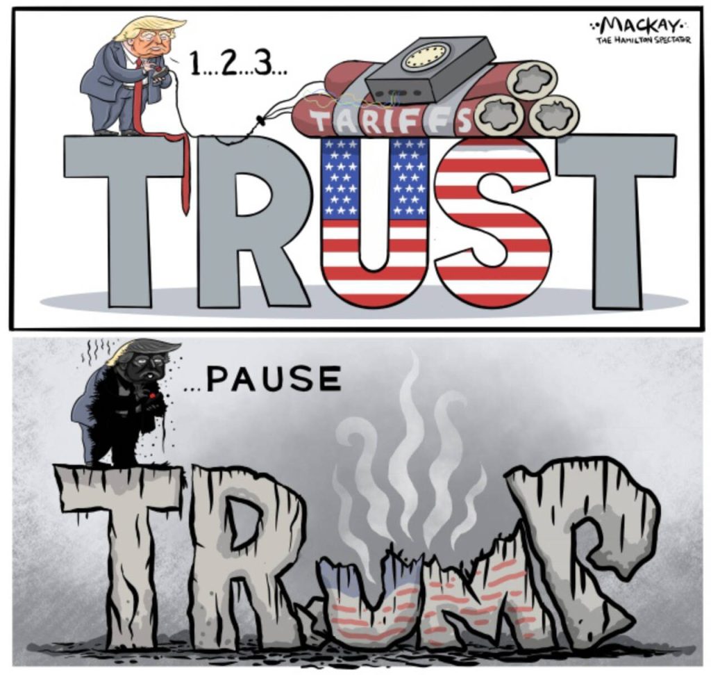 Editorial Cartoon by Graeme MacKay, The Hamilton Spectator – Thursday April 10, 2025

Trump's aggressive trade policies, particularly against China, create risks and uncertainties in an already fragile global economy.

The Risks of Trump's Trade Policy in Today's World

In a world already facing challenges from economic recovery and international tensions, President Trump's trade policies are adding more uncertainty and risk. His recent move to pause tariffs on some countries while sharply increasing them on China highlights a short-sighted strategy that could have long-lasting negative effects.

At a time when people are still recovering from the economic impacts of the pandemic, Trump's reliance on tariffs to negotiate trade deals often makes everyday goods more expensive for American families. This isn't just about protecting jobs; it's about making life harder for those who are already struggling with rising costs.

Markets thrive on stability, but Trump's unpredictable trade decisions create confusion and insecurity. While there may be some immediate benefits, like temporary stock market boosts, the constant changes can undermine long-term economic growth when the global economy is already on shaky ground.

Taking a tough stance on China with such high tariffs might seem strong, but it risks sparking a trade war that can hurt both countries and strain relationships with other trading partners. Instead of leading, the U.S. under Trump's policies is encouraging other countries to find new partners and solutions that don't rely on American markets.

Trump's approach also ignores how interconnected our world is. Trade isn't a win-lose situation; it's about cooperation and mutual benefit. By treating it like a competition where only one side can succeed, Trump fosters unnecessary conflict and retaliation, which only harms everyone involved.

In short, Trump's trade policies are not just misguided—they're risky for the U.S. and the world. As we face ongoing globa