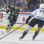 Everett Silvertips forward Dominik Rymon passes the puck during the second round WHL playoff game against the Portland Winterhawks on Friday, April 11, 2025 in Everett, Washington. (Olivia Vanni / The Herald)