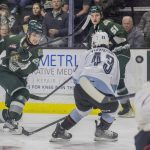 Everett Silvertips defenceman Tarin Smith takes a shot on goal during the second round WHL playoff game against the Portland Winterhawks on Friday, April 11, 2025 in Everett, Washington. (Olivia Vanni / The Herald)