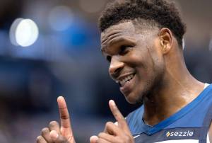 Anthony Edwards of the Minnesota Timberwolves scored a game-high 43 points to help the Timberwolves defeat the Utah Jazz 116-105 at Target Center on Sunday, April 13, 2025. (Carlos Gonzalez / The Minnesota Star Tribune / Tribune News Services)