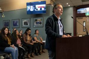 Connect Casino Road Director Alvaro Gullien speaks at an Everett City Council meeting to share community thoughts regarding affordable housing and preventing displacement of those that live along Casino Road on Wednesday, April 16, 2025 in Everett, Washington. (Olivia Vanni / The Herald)