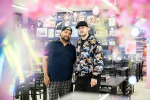 K-POP Empire store owners Todd Dickinson and Ricky Steinlars at their new store location on Thursday, April 17, 2025 in Lynnwood, Washington. (Olivia Vanni / The Herald)