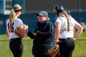 Lake Stevens holds a mound visit during a tie game against Glacier Peak on Tuesday, April 23, 2024, at Glacier Peak High School in Snohomish, Washington. (Ryan Berry / The Herald)