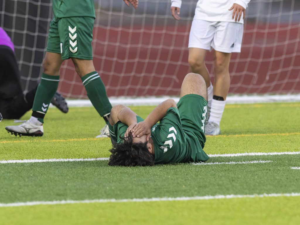 Jacksons Anthony Gonzales-Marroquin reacts to just missing a shot on goal during the game against Glacier Peak on Tuesday, April 15, 2025 in Everett, Washington. (Olivia Vanni / The Herald)