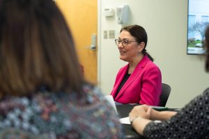 Congress member Suzan DelBene speaks at a roundtable on Thursday, April 17 in Monroe, Washington. (Will Geschke / The Herald)