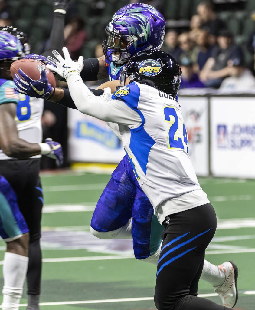 A Wolfpack receiver makes a play against the Kats on Thursday, April 17, 2025 in Everett, Washington. (Olivia Vanni / The Herald)