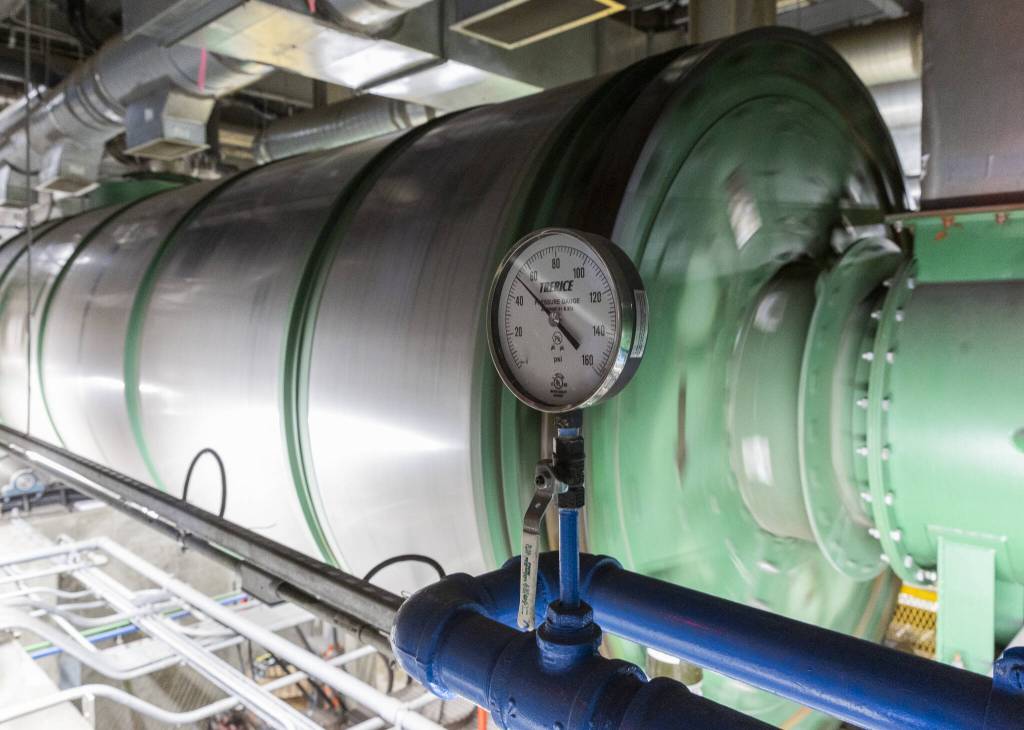 A dryer spins material at the Edmonds Wastewater Treatment Plant on Thursday, April 17, 2025 in Edmonds, Washington. (Olivia Vanni / The Herald)