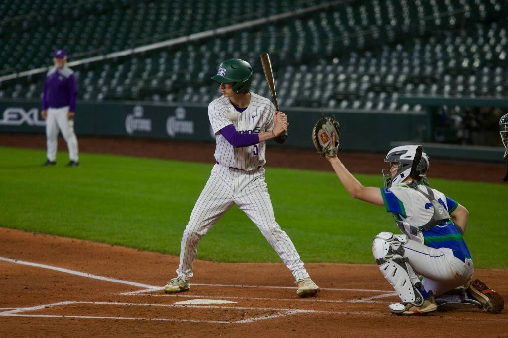 Edmonds-Woodway senior Luke Boland watches a pitch go above the strike zone during the Warriors' 3-0 win against Liberty (Renton) at T-Mobile Park in Seattle, Washington on April 19, 2025. (Joe Pohoryles / The Herald)