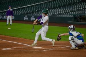 Edmonds-Woodway senior Luke Boland takes a swing during the Warriors' 3-0 win against Liberty (Renton) at T-Mobile Park in Seattle, Washington on April 19, 2025. (Joe Pohoryles / The Herald)