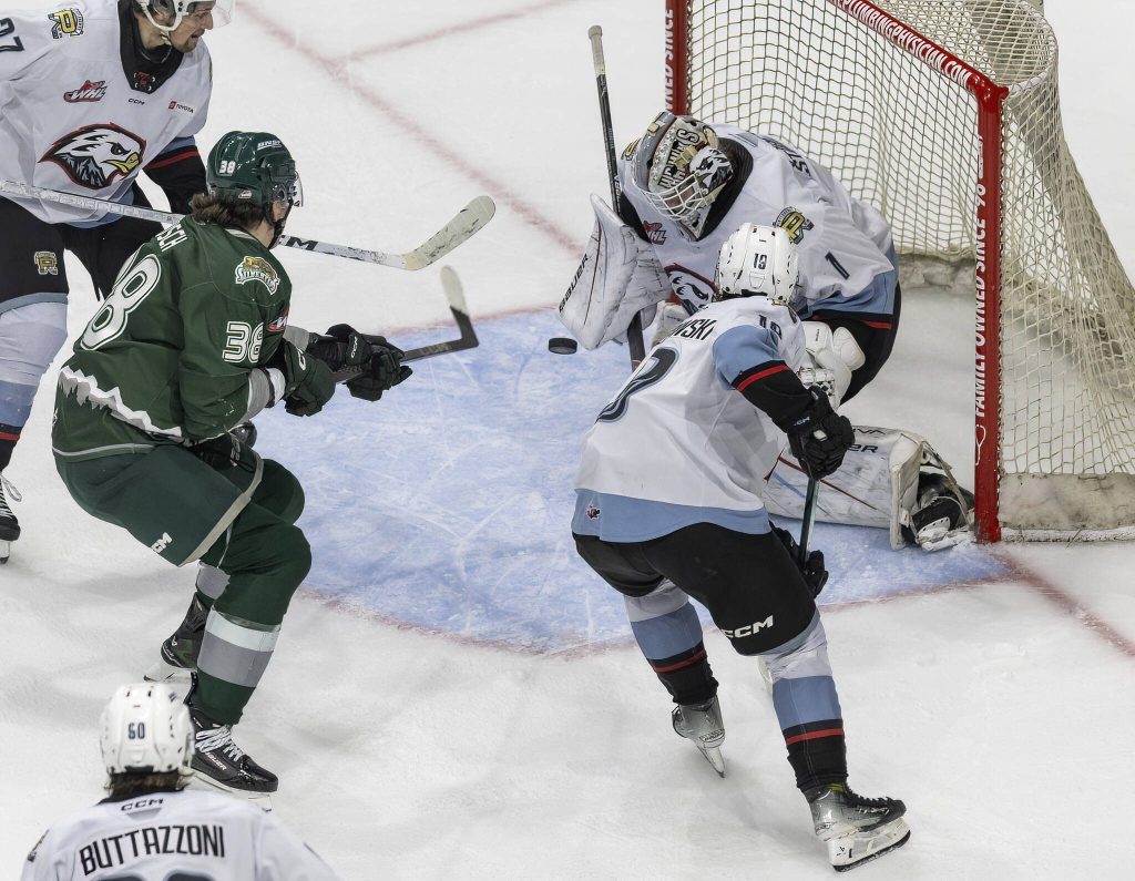 Everett Silvertips forward Shea Busch takes a shot on goal during game seven of the second round of the WHL playoffs against the Portland Winterhawks on Tuesday, April 22, 2025 in Everett, Washington. (Olivia Vanni / The Herald)