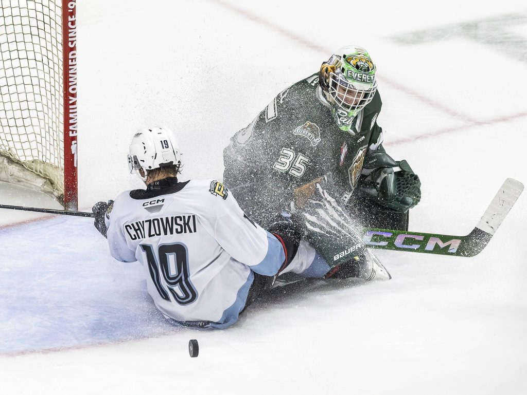 Everett Silvertips goalie Raiden LeGall tries to block a shot during game seven of the second round of the WHL playoffs against the Portland Winterhawks on Tuesday, April 22, 2025 in Everett, Washington. (Olivia Vanni / The Herald)