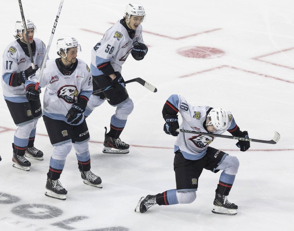 Portland Winterhawks Kyle McDonough celebrates scoring during game seven of the second round of the WHL playoffs on Tuesday, April 22, 2025 in Everett, Washington. (Olivia Vanni / The Herald)