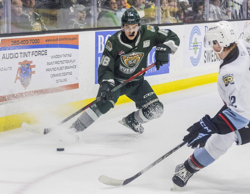 Everett Silvertips forward Zackary Shantz stops to try and get around Portland Winterhawks Cole Slobodian during game seven of the second round of the WHL playoffs on Tuesday, April 22, 2025 in Everett, Washington. (Olivia Vanni / The Herald)