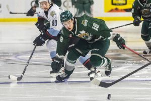 Everett Silvertips’ forward Zackary Shantz scrambles after the puck during game seven of the second round of the WHL playoffs against the Portland Winterhawks on Tuesday, April 22, 2025 in Everett, Washington. (Olivia Vanni / The Herald)