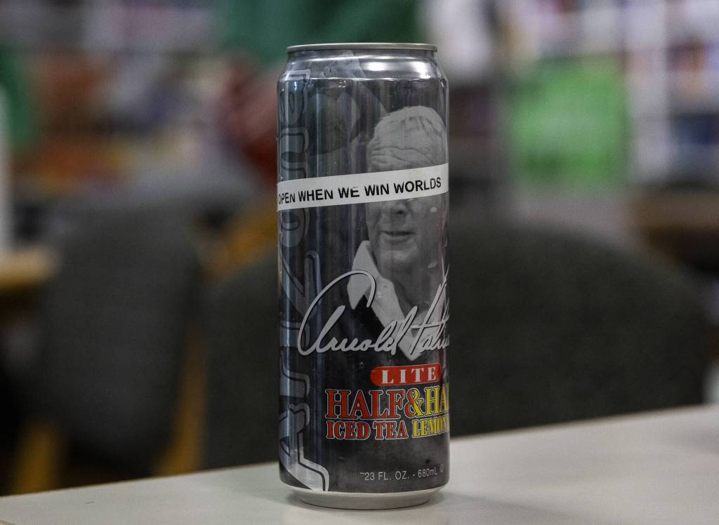 An expired can of Arizona iced tea sits on a table with a table with a label reading, OPEN WHEN WE WIN WORLDS on Thursday, April 24, 2025 in Mill Creek, Washington. (Olivia Vanni / The Herald)